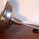 Old Bauhaus lamp in mercurized glass chrome industrial suspension.