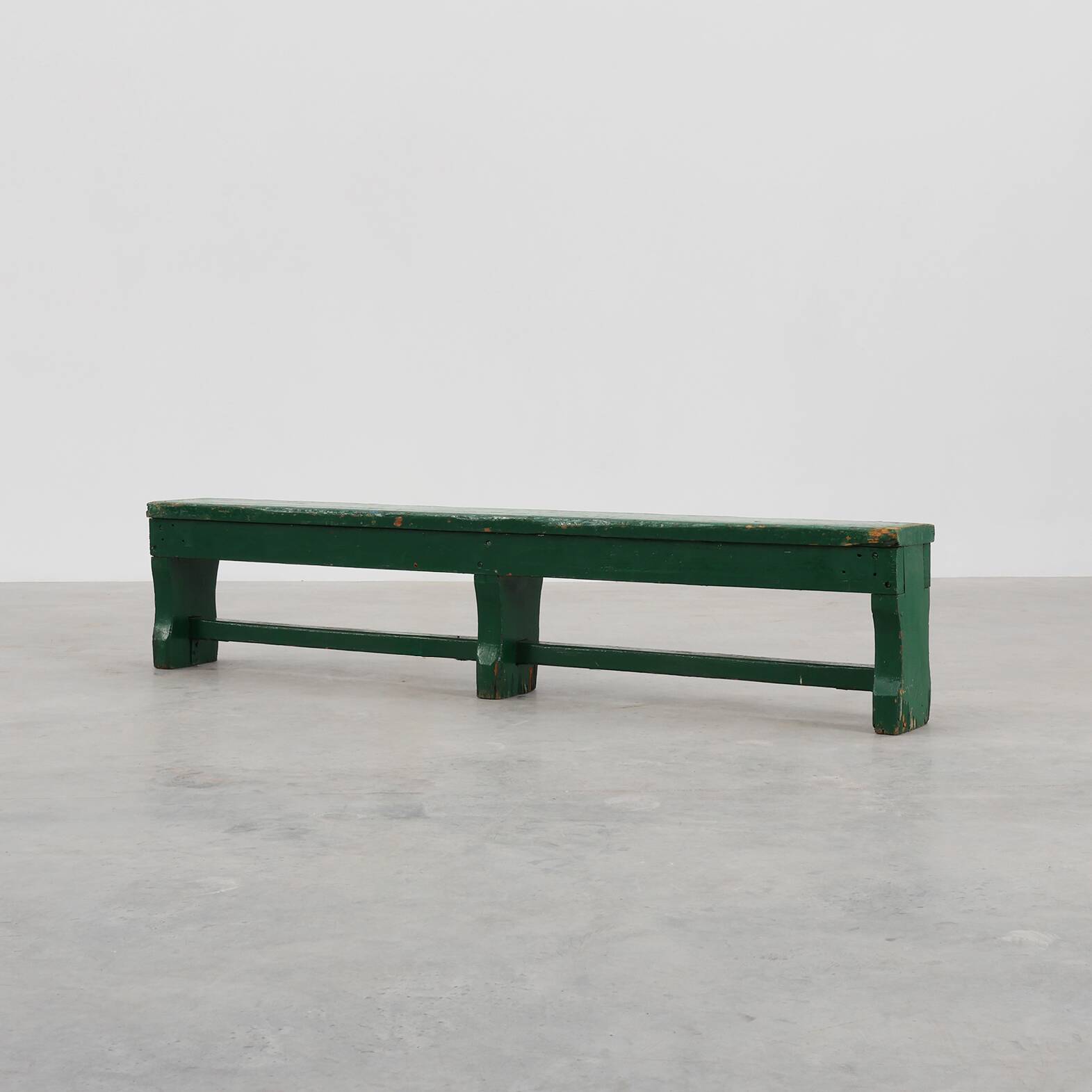 Rustic primitive green farmhouse bench in solid oak, France ca. 1900