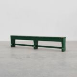 Rustic primitive green farmhouse bench in solid oak, France ca. 1900