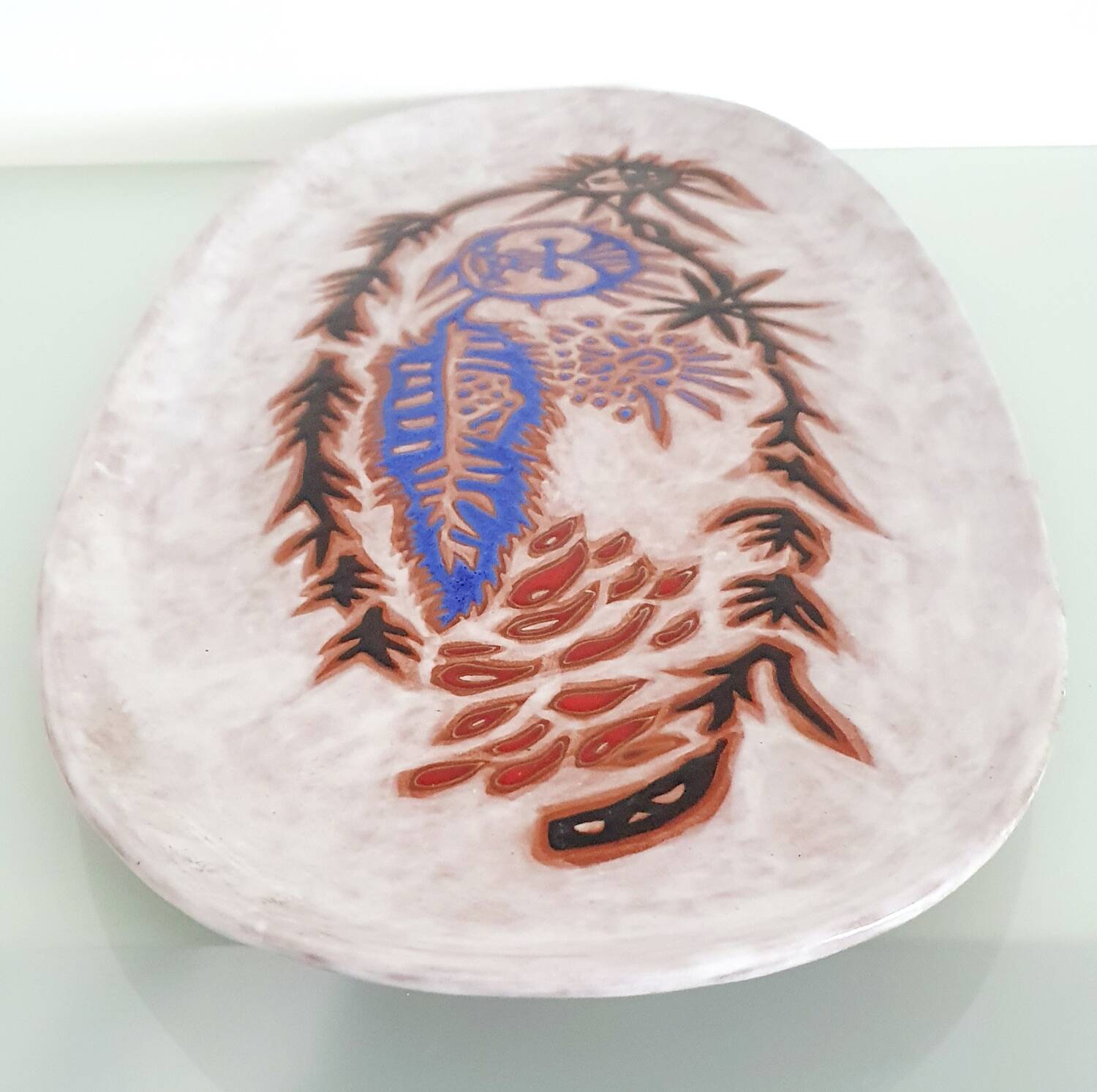 Large oval enamelled terracotta dish by Jean Lurçat from the 1950s