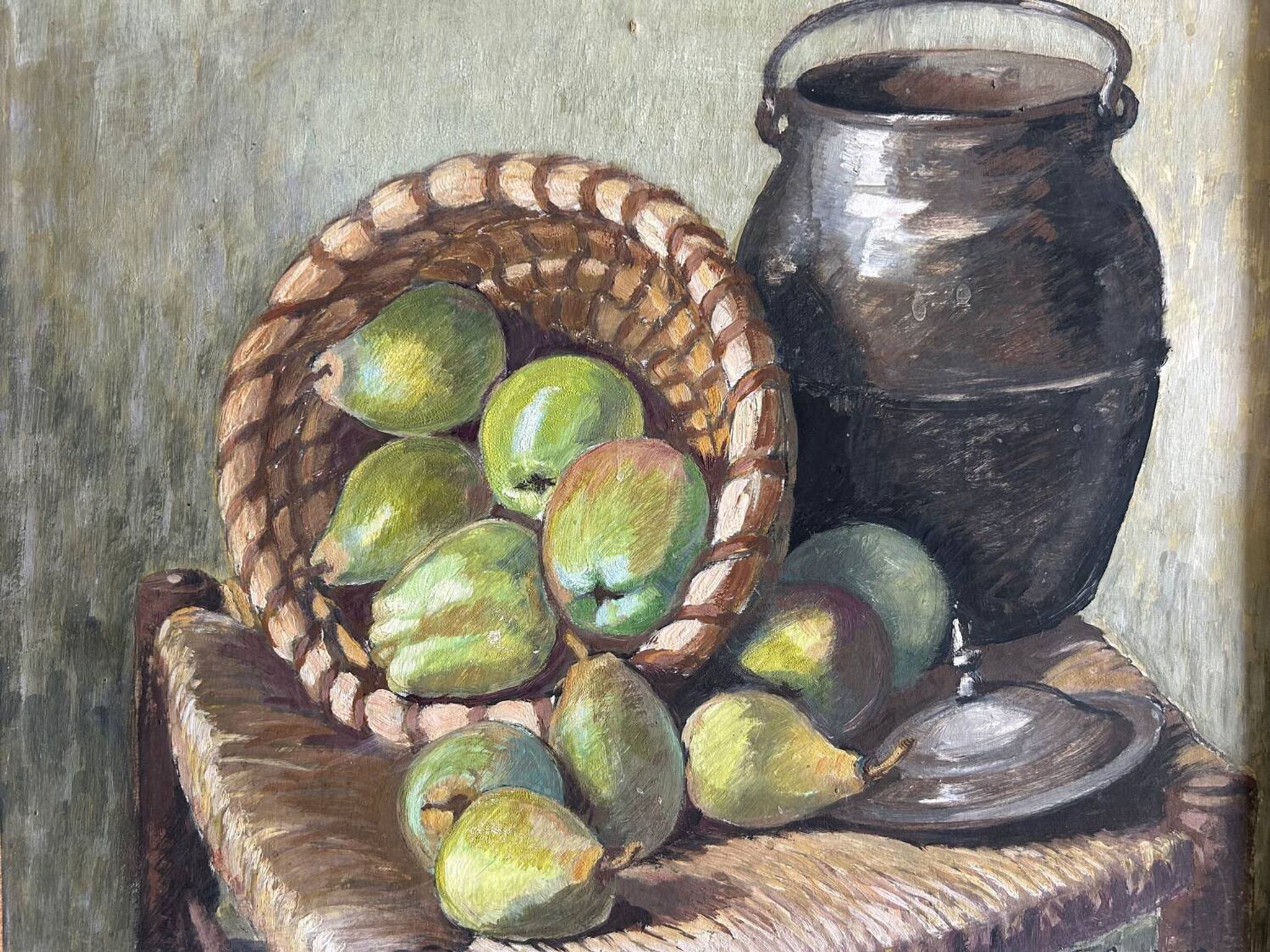 Nature morte aux poires de Suzanne Gueguen. Huile sur Panneau . Signature.