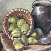 Nature morte aux poires de Suzanne Gueguen. Huile sur Panneau . Signature.