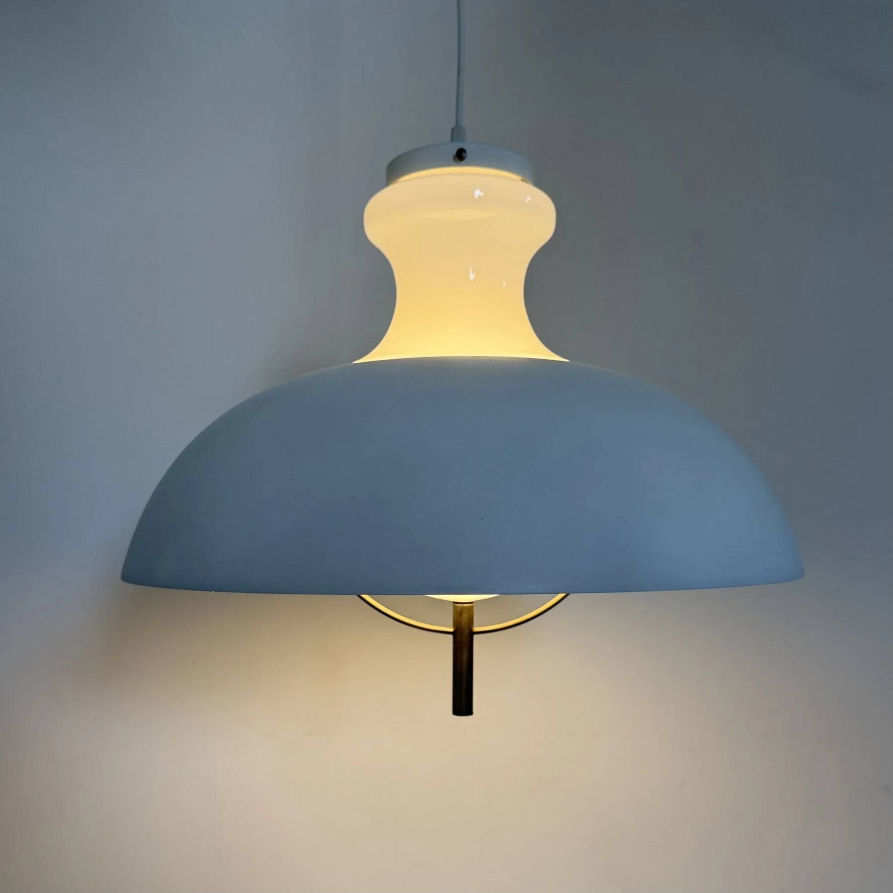 Vintage glass hanging lamp with metal shade minimalist design, 1970s