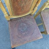 Lot of 2 old chairs in carved wood and leather