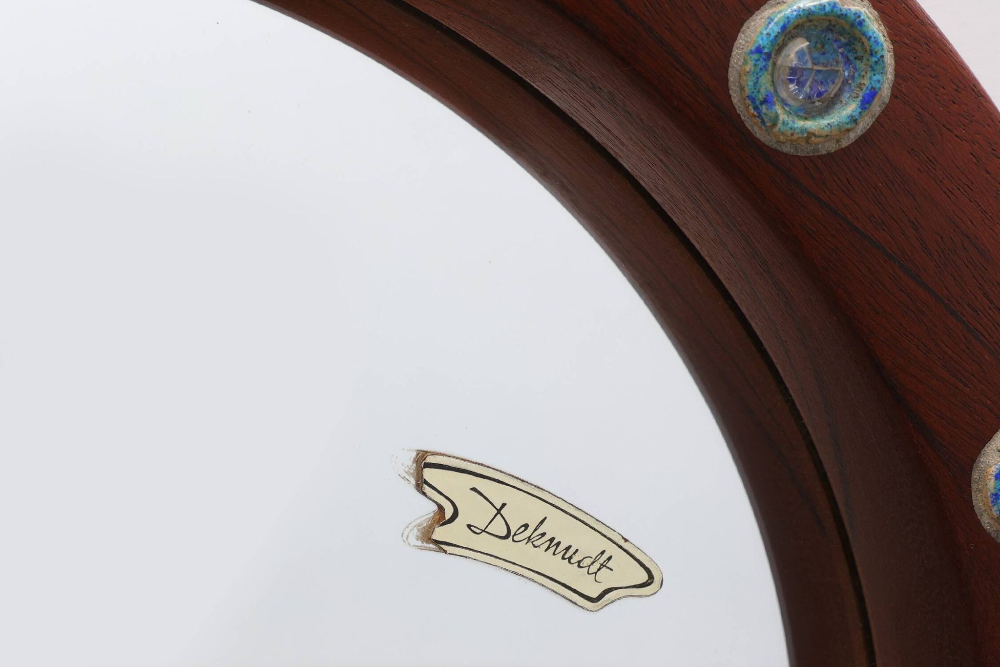Round wooden mirror with turquoise ceramic studs by Deknudt, Belgium, 1960s