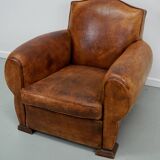 French moustache back cognac-colored leather club chair, 1940s