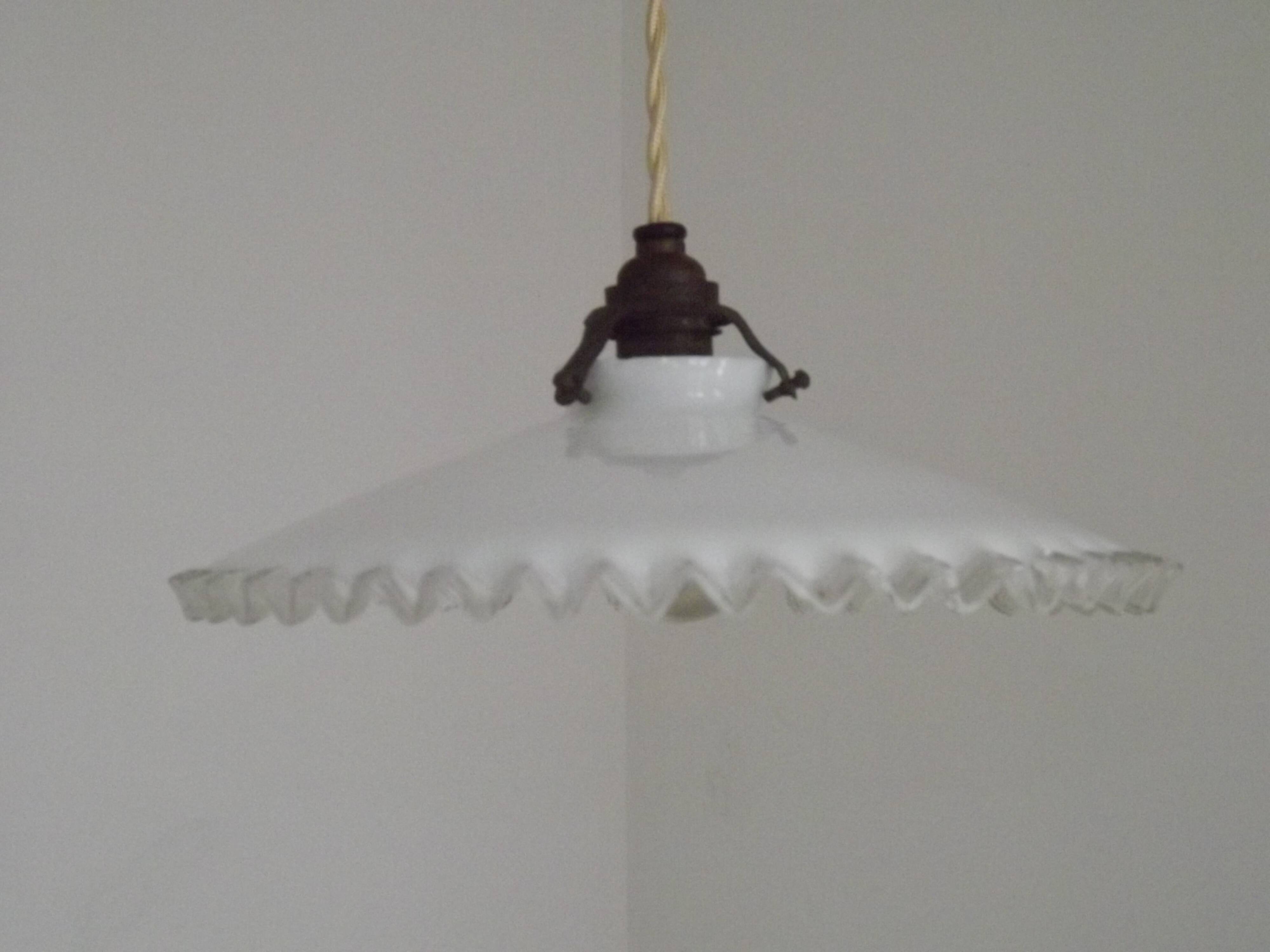 Vintage French Art Deco White Opaline Glass Pendant Light with Frilled Edge 5563