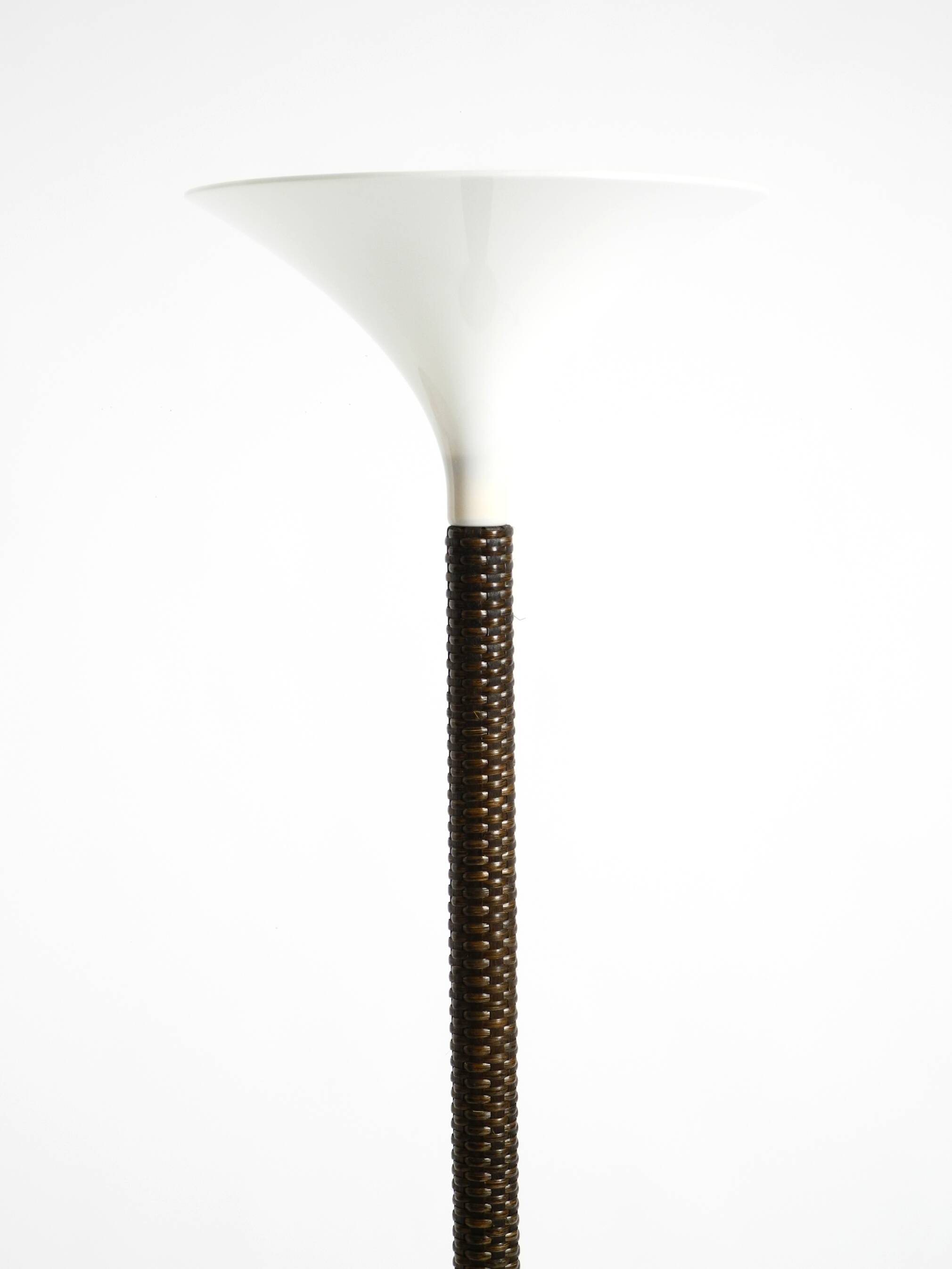 XL 70s Tulip floor lamp with a brown wicker frame and a plexiglass shade