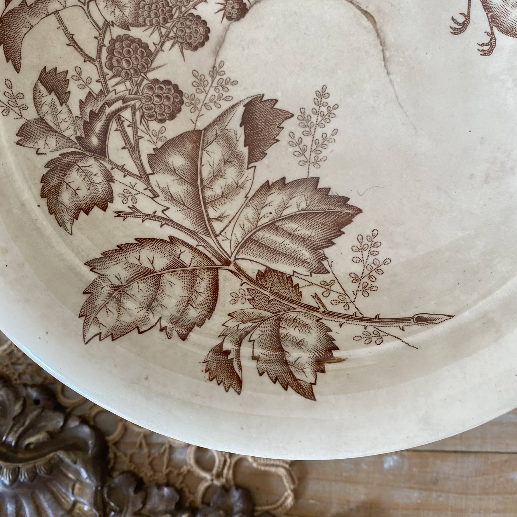 Sepia ironware compote dish, antique fruit bowl.