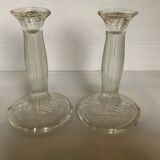 Pair of geometric art deco molded glass candlesticks