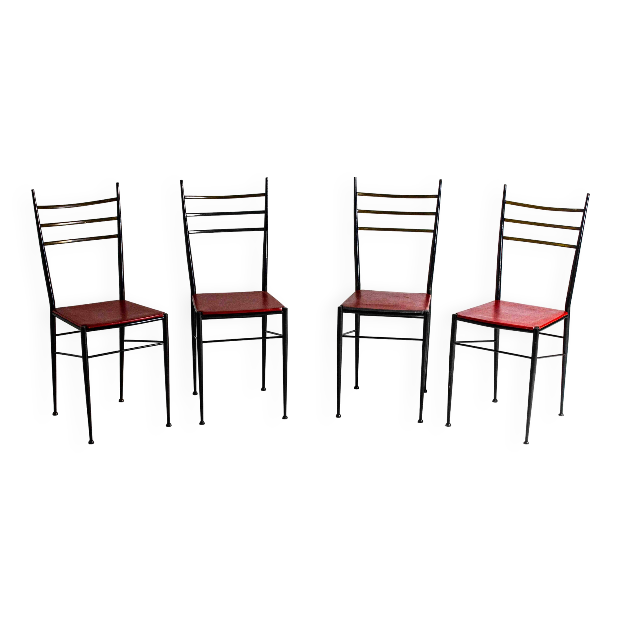 Fine set of metal dining chairs with red leather seating, Italy 1970s