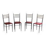 Fine set of metal dining chairs with red leather seating, Italy 1970s