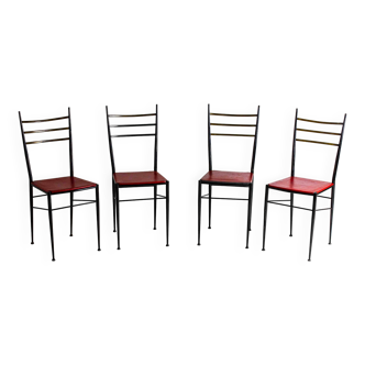Suite de chaises de salle à manger en métal avec assise en cuir rouge, Italie années 1970