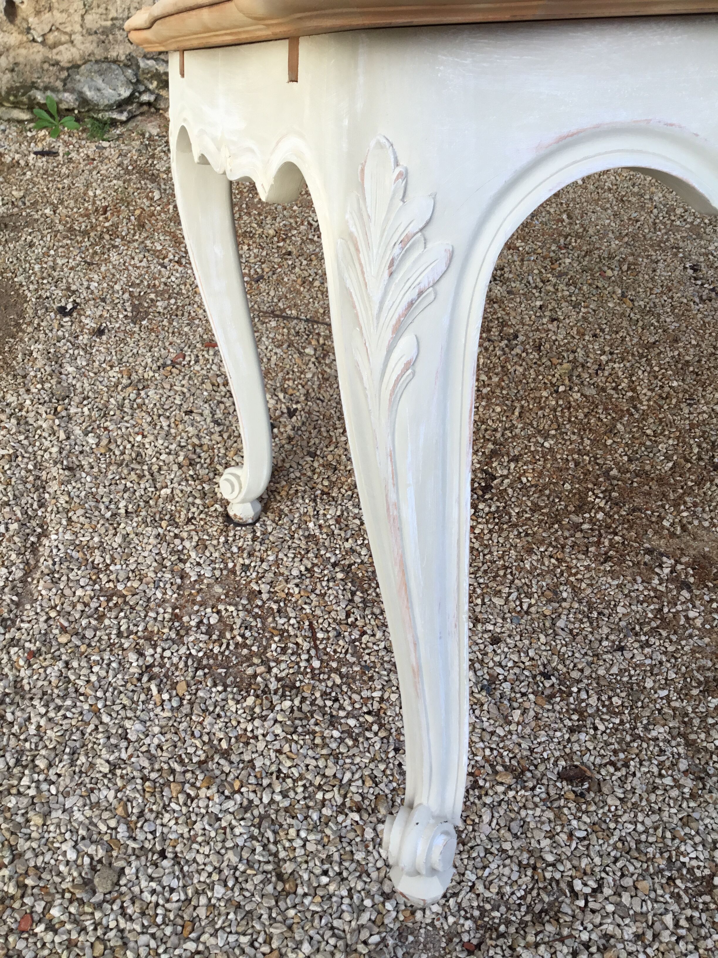 Louis XV style table in cherry wood pickled top and patinated base in light beige