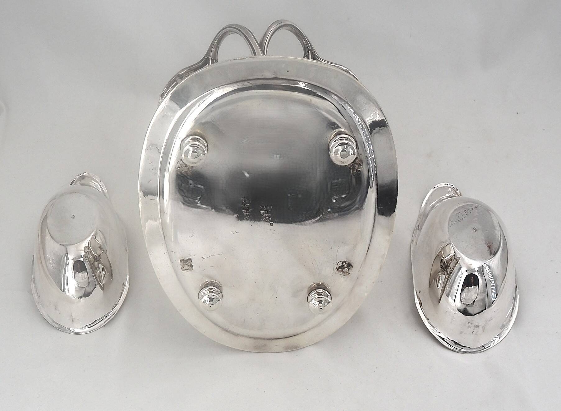 Idiot, double sauce boat + liners, Minerva silver, excellent condition, 19th century, 1.798 kg