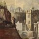 Old painting of a landscape with buildings, oil on canvas, 18th century.