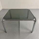Space coffee table from the 70s, tubular metal and vintage smoked glass