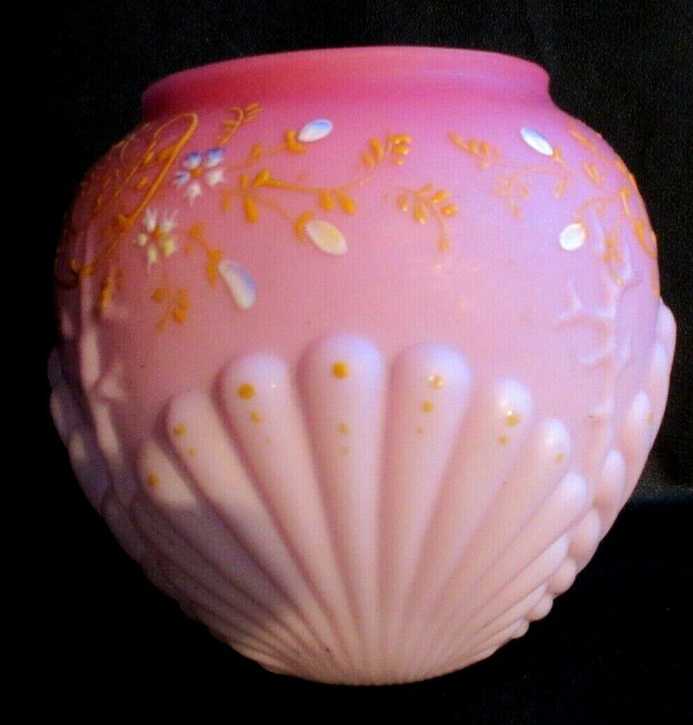 Art deco ball vase in pink opaline enamelled with flowers, 4 shells in relief