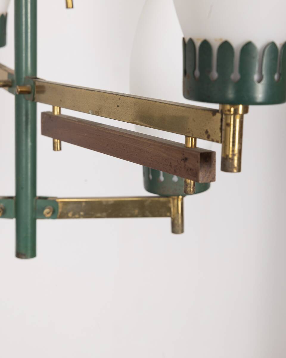 Vintage 50's chandelier in brass, green metal and glass italian design