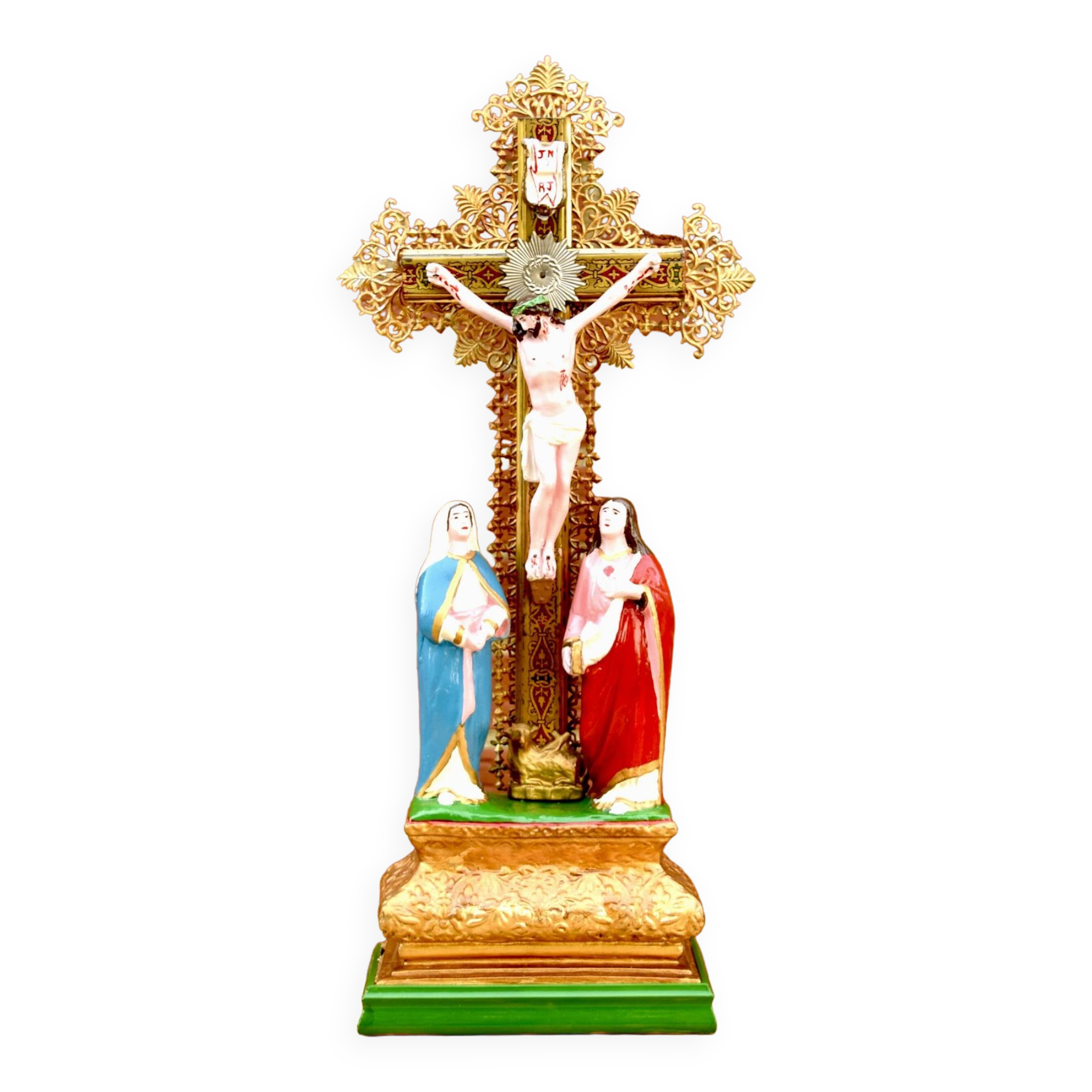 Vintage statuette Jesus on the Cross surrounded by Mary and John