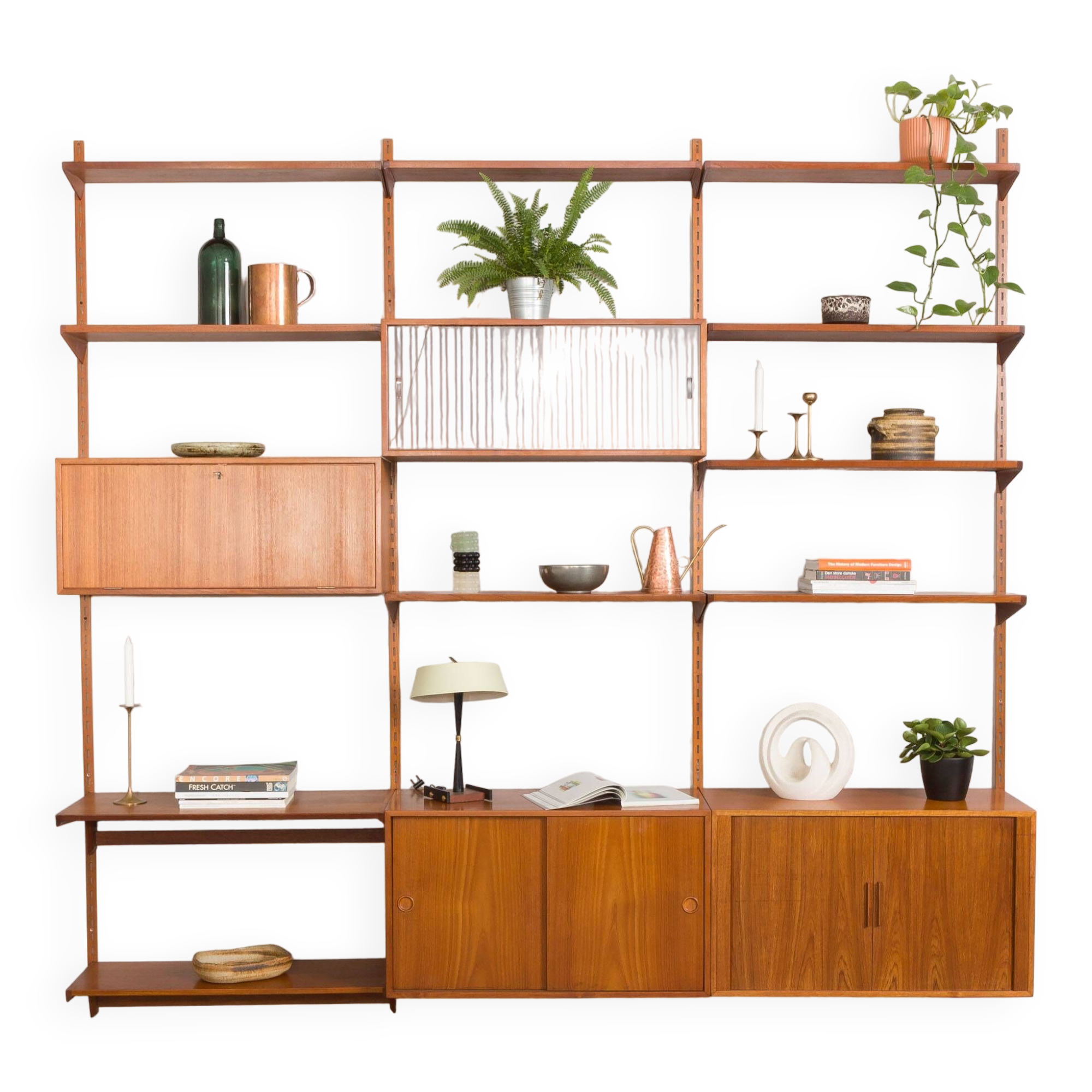 Bibliothèque modulaire à 3 baies Kai Kristiansen en teck avec armoire à porte tambour et étagère de bureau, De