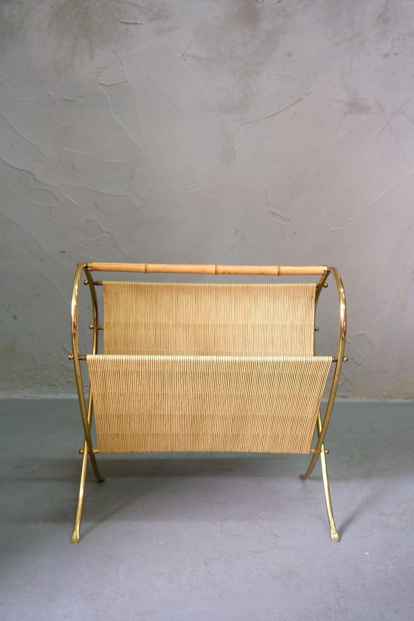 Mid-Century Modern Brass and Bamboo Magazine Rack, Austria 1950s