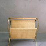 Mid-Century Modern Brass and Bamboo Magazine Rack, Austria 1950s