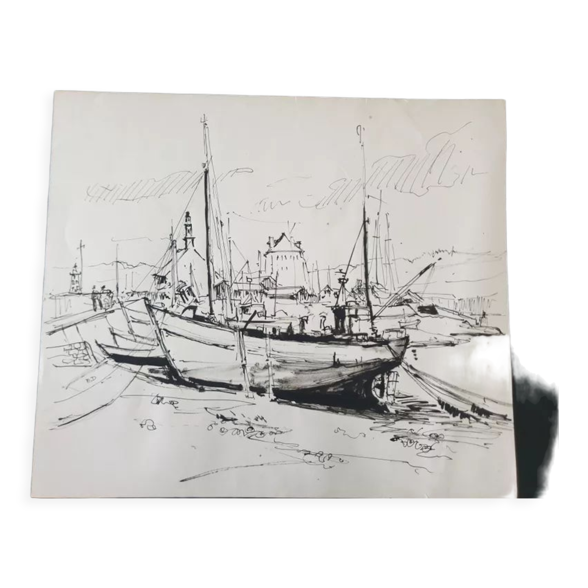 André Duculty (1912-1990) Ink on paper "Port de pêche" Monogrammed lower left