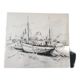 André Duculty (1912-1990) Ink on paper "Port de pêche" Monogrammed lower left