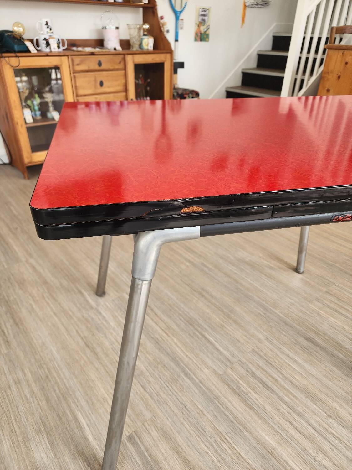 Vintage Lafague red formica set, 1 table, 6 chairs and 1 stool