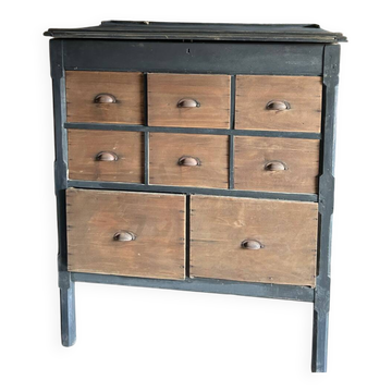 Ancien meuble de métier à tiroirs avec plateau ouvrant