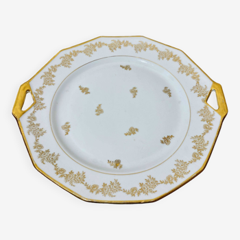 Plat à gâteaux en porcelaine PG France et rehaussé de dorures