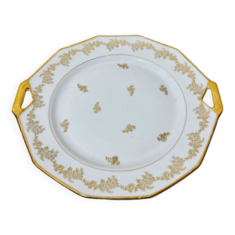 Plat à gâteaux en porcelaine PG France et rehaussé de dorures