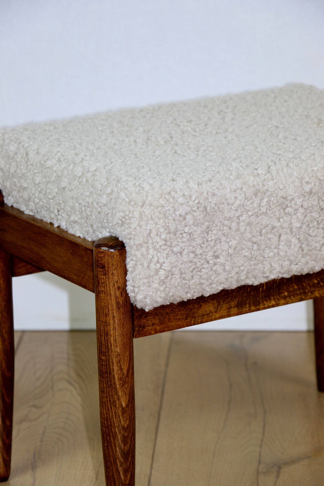 Edmund Homa stool, cream ivory beige boucle seat, long pile lamb