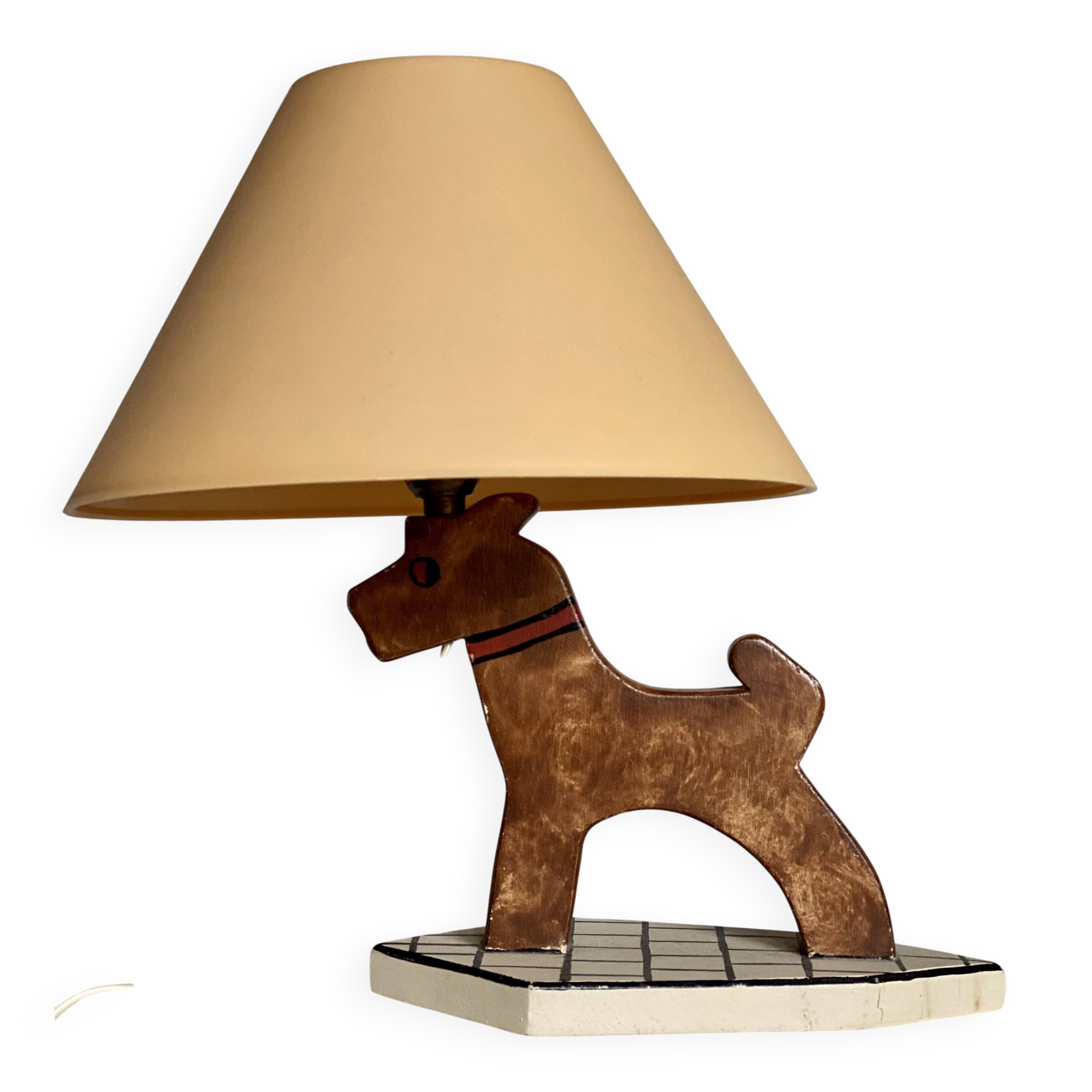Vintage 1970s polychrome wooden lamp in the shape of a dog.