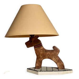 Lampe bois polychrome vintage 1970 en forme de chien