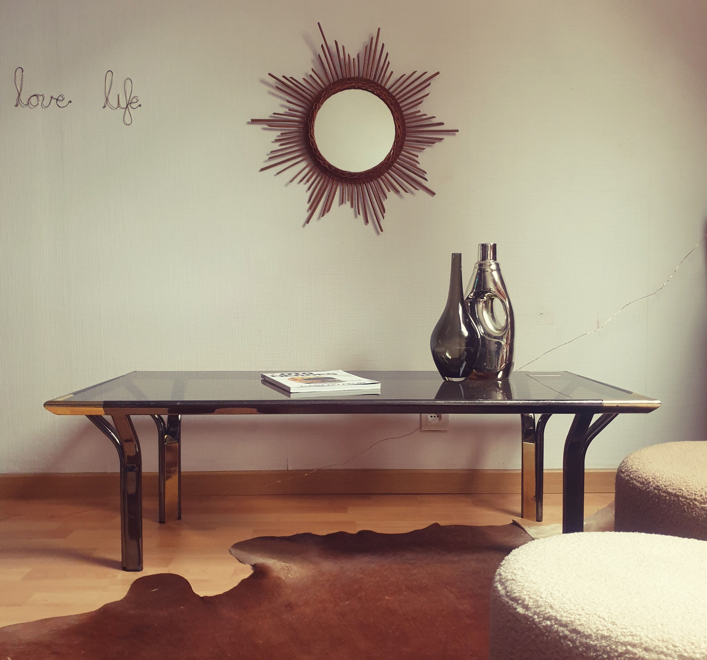 Vintage golden 70s coffee table and space age smoked glass
