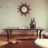 Vintage golden 70s coffee table and space age smoked glass