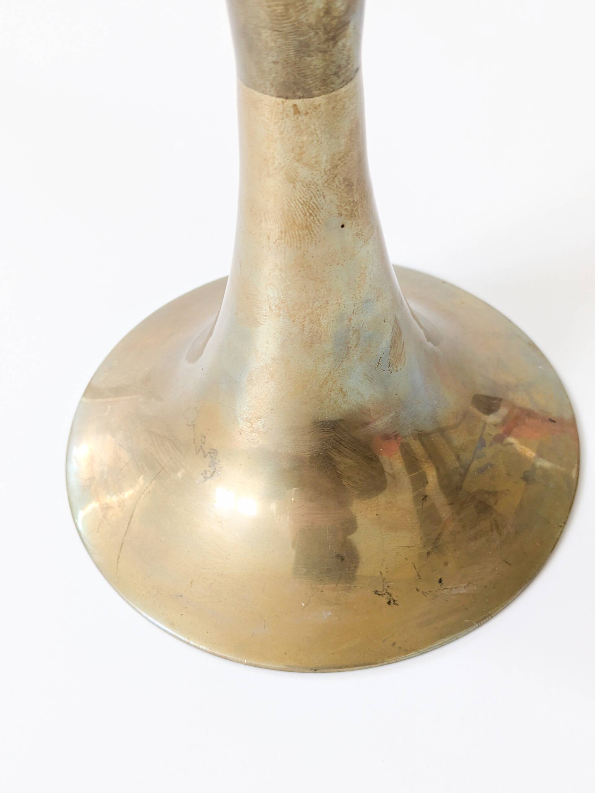 Pair of Midcentury brass candlesticks, flared shape.