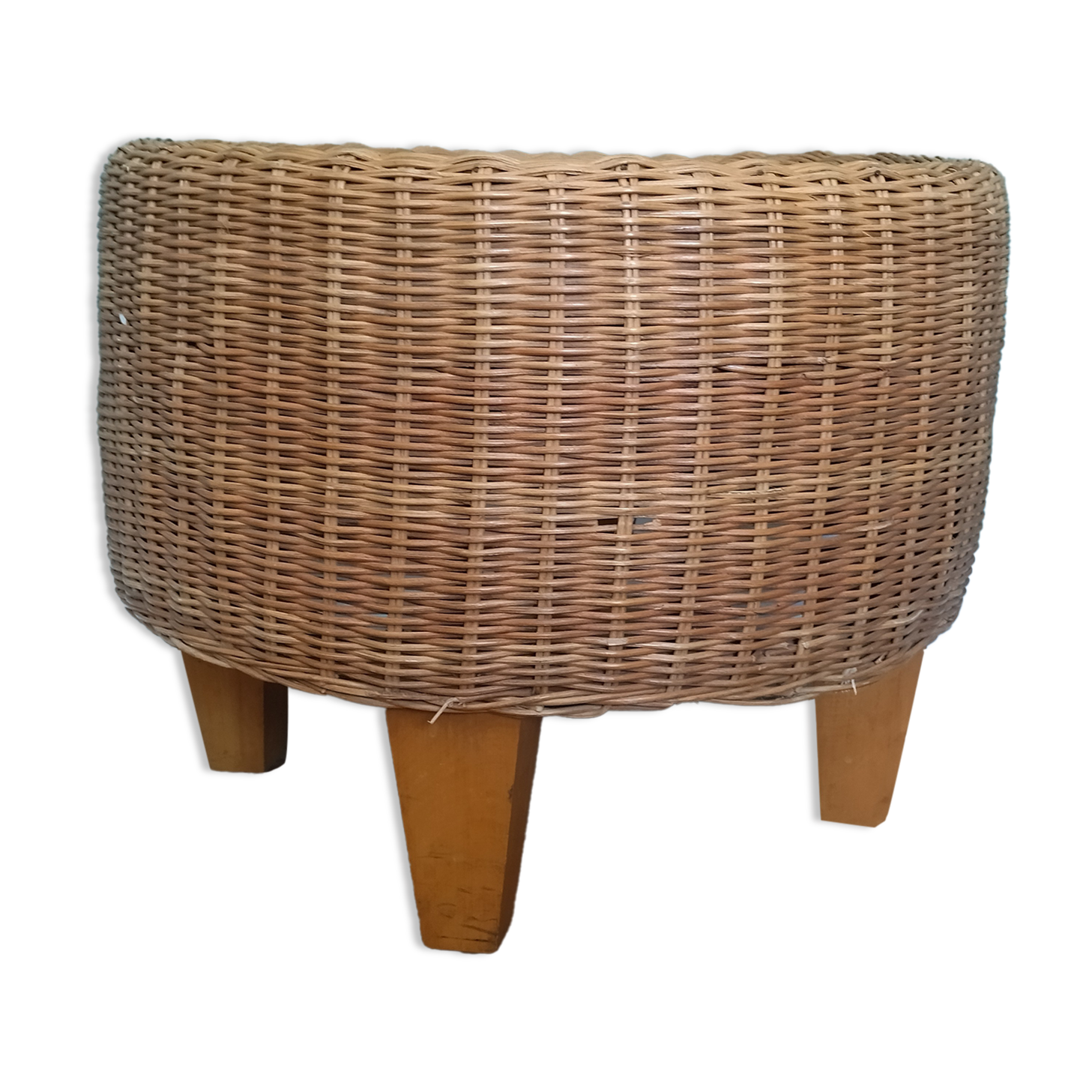 Vintage braided rattan pouf