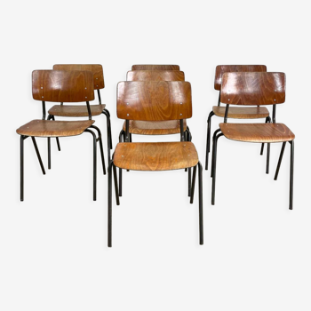 Lot 7 chaises école bois classique, années 70, Hollande