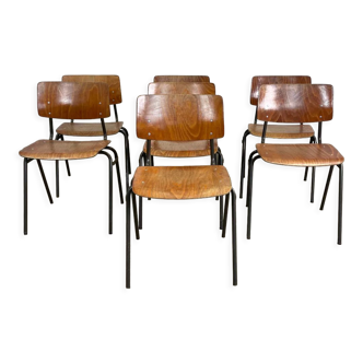 Lot 7 chaises école bois classique, années 70, Hollande