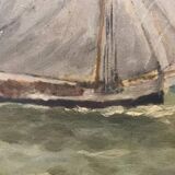 Peinture à l'huile vintage du XIXe siècle représentant un voilier en mer