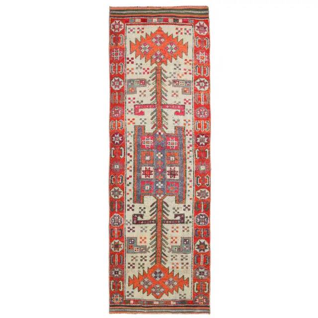 Vintage Turkish hand-knotted wool cotton beige runner rug  114x362
