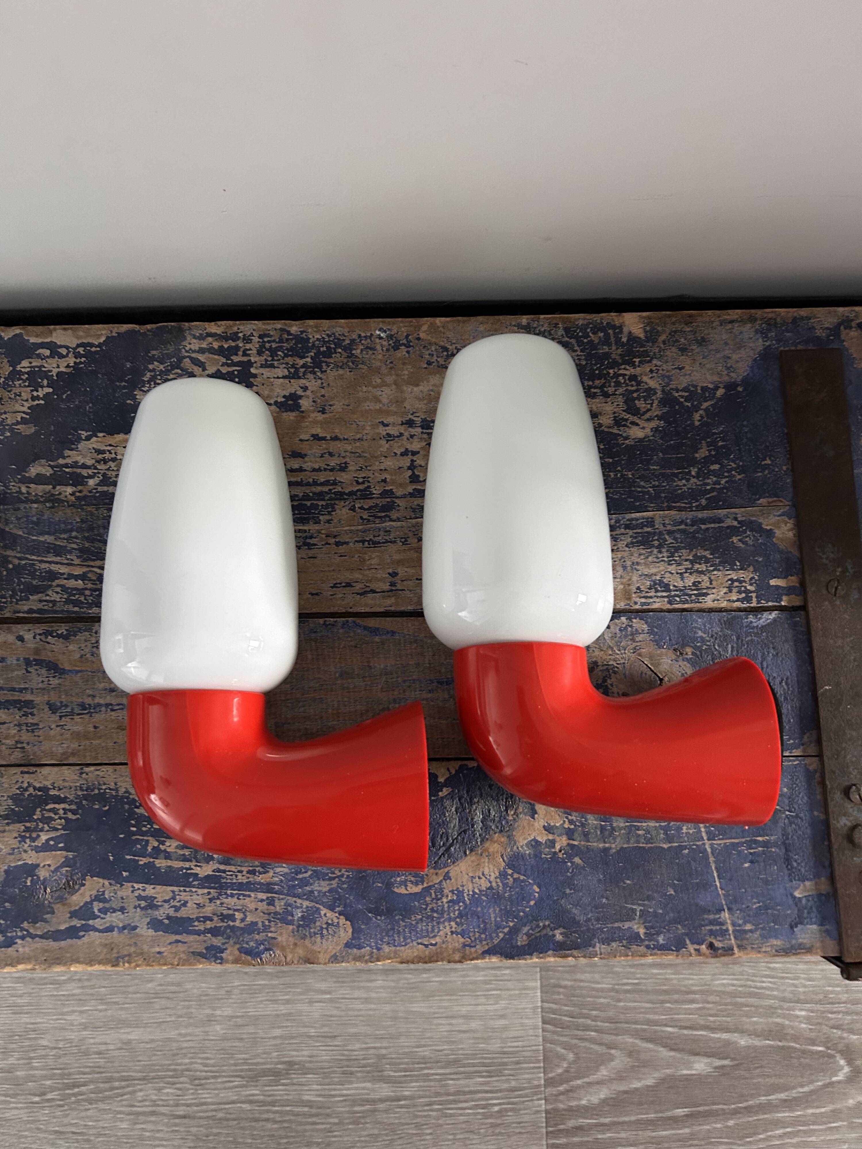 Pair of red and white seventies wall lights