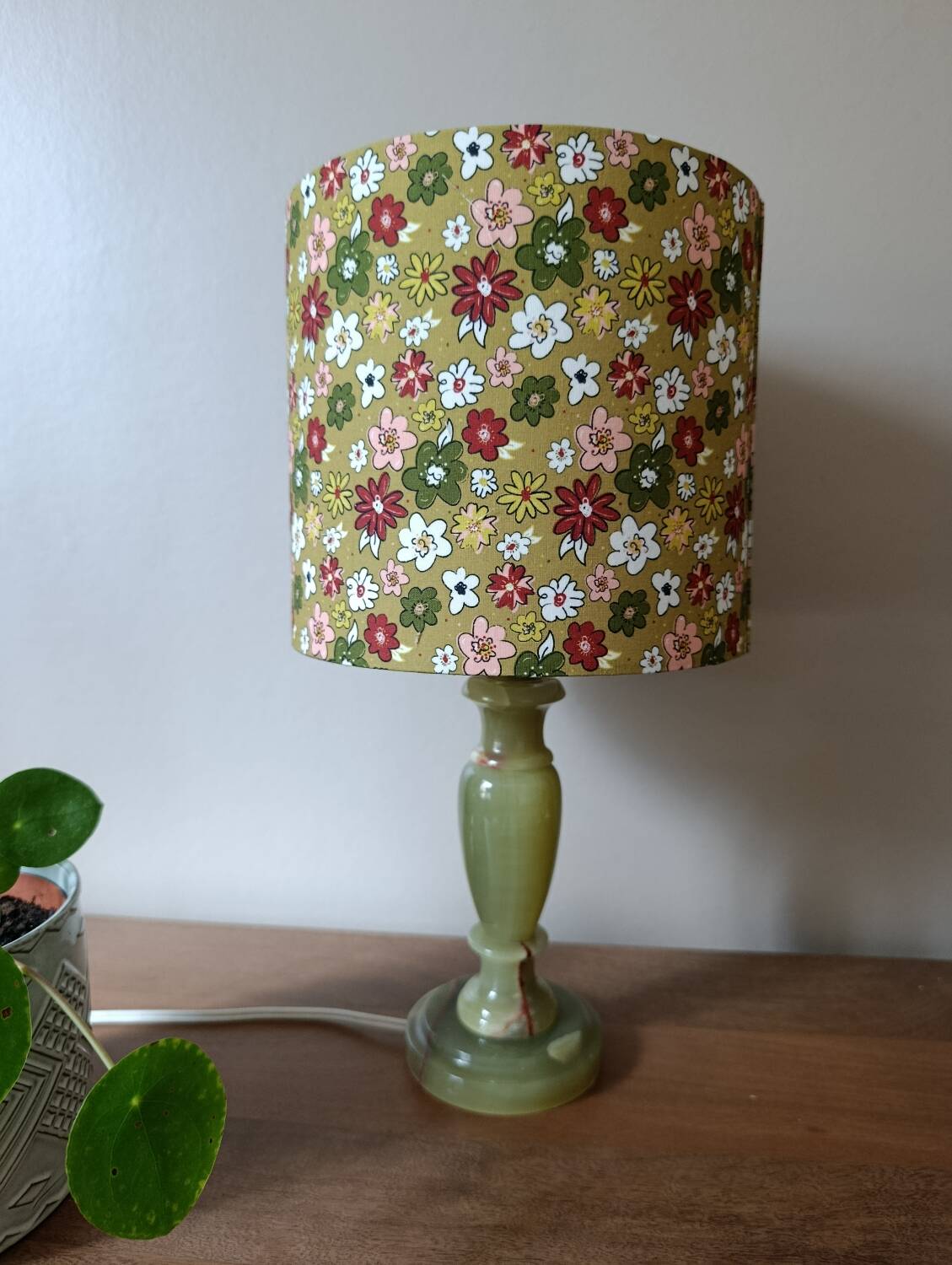 Vintage retro lamp with green marble base, floral shade.