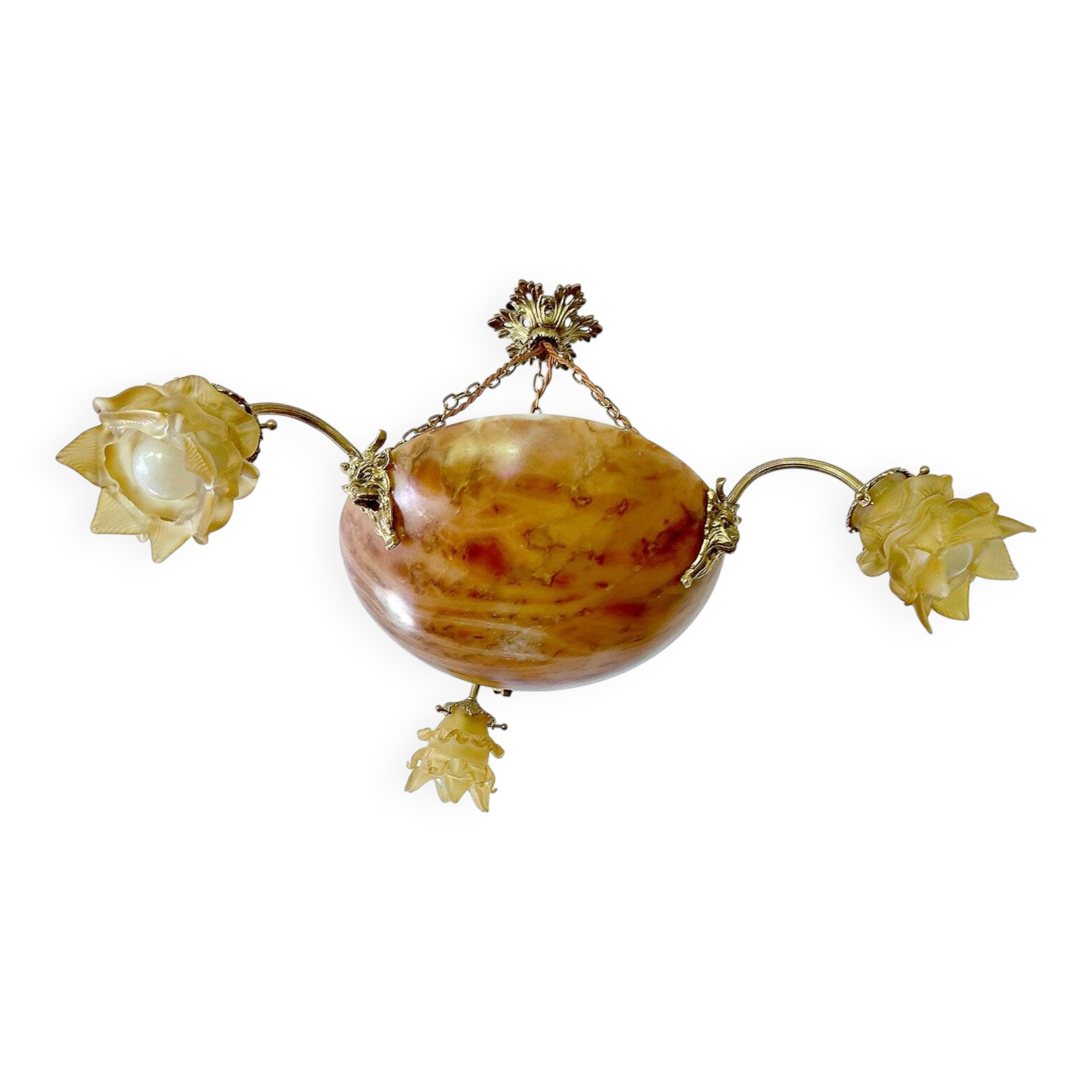Art Deco pendant light in alabaster marble and bronze,1920s