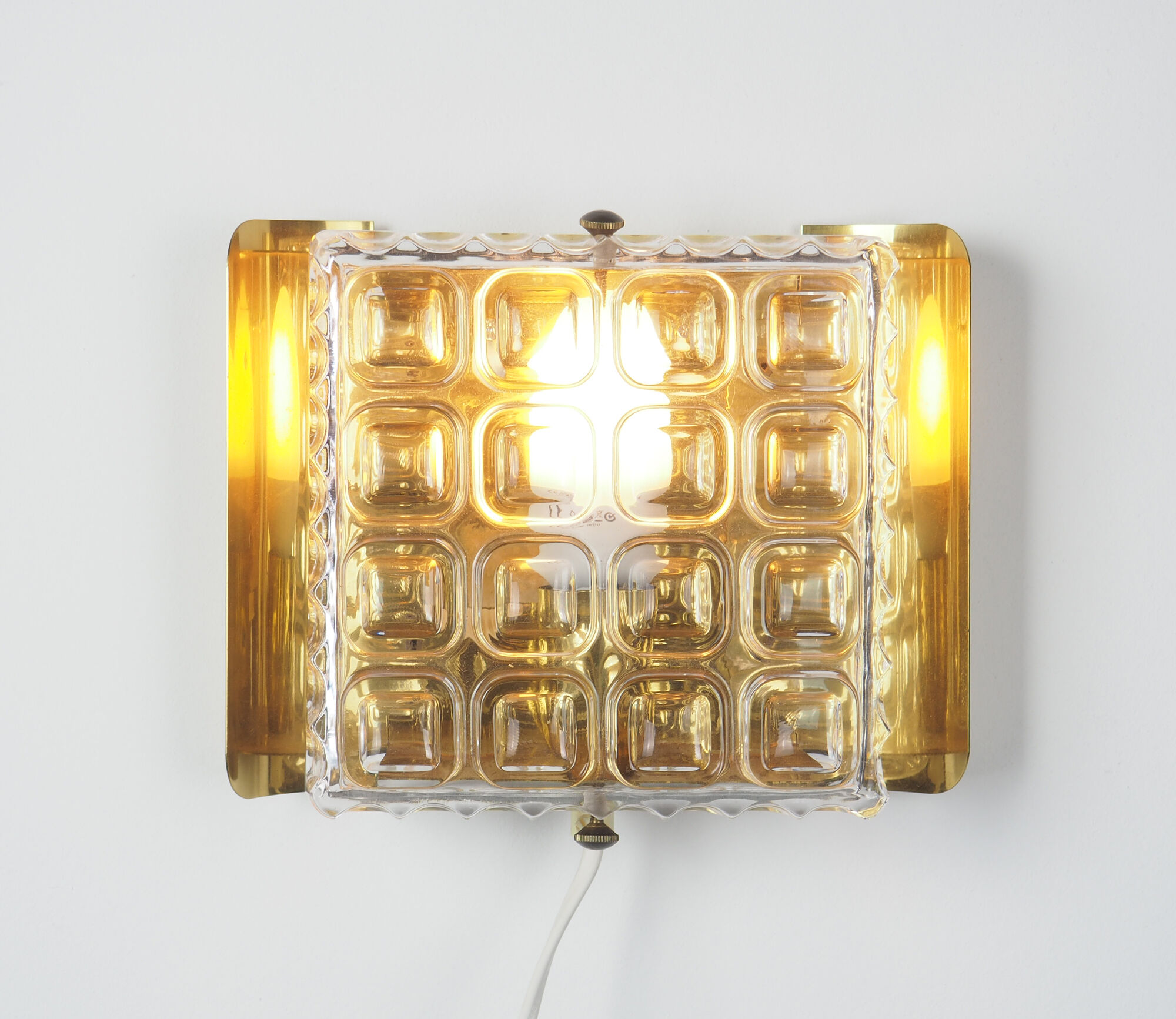 Brass an pressed glass square wall lamps by Carl Fagerlud for Orrefors, 1960