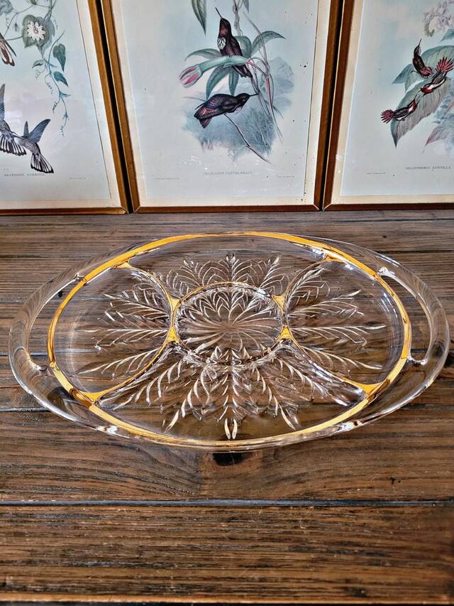 Vintage glass moulded aperitif server with handles and gilding.