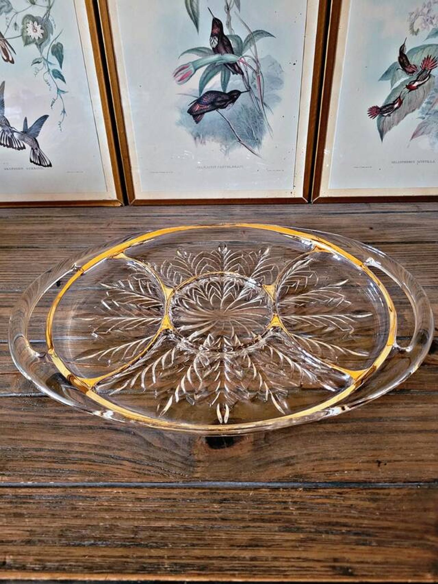 Vintage glass moulded aperitif server with handles and gilding.